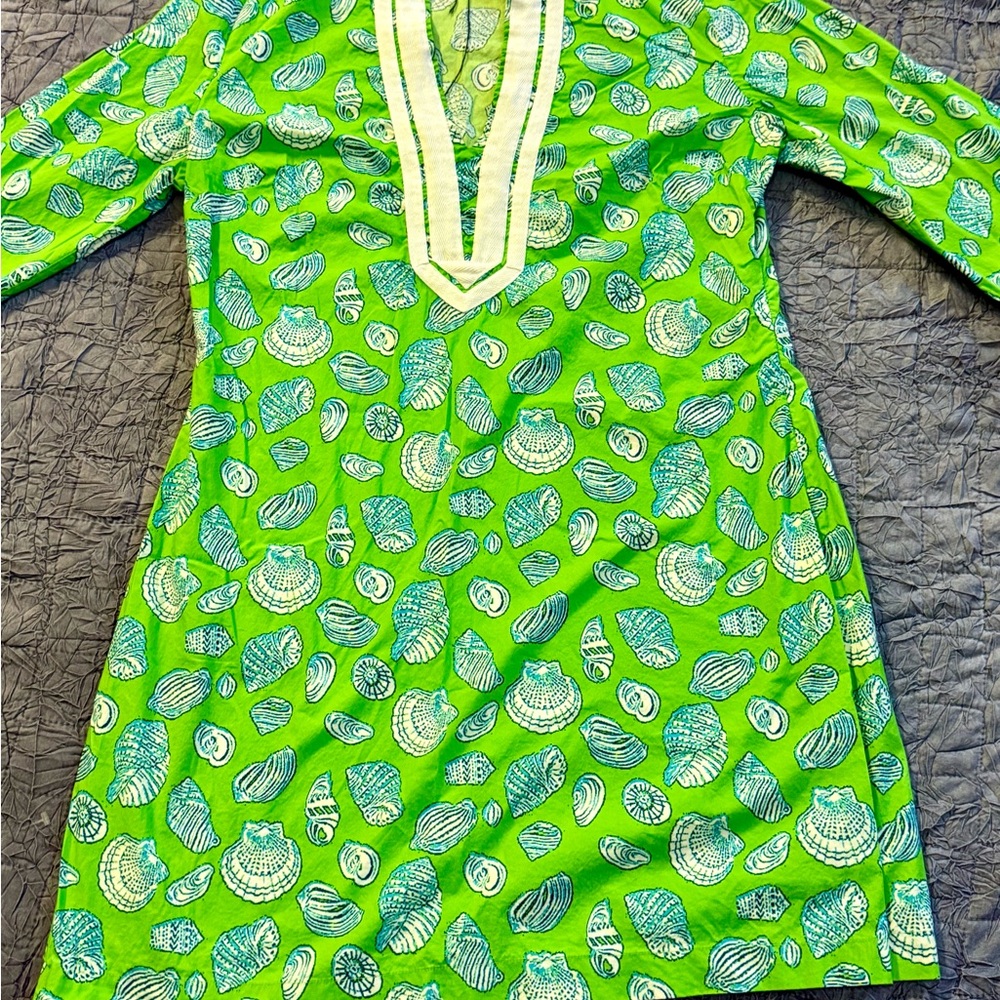 Vtg Lauren Gold Tunic Dress Lime Green Seashell Print Cotton Resort Beach Sz 10 - Picture 2 of 12